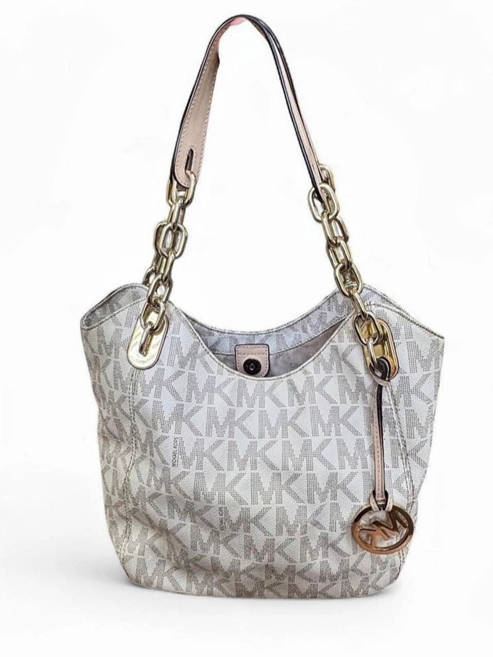 Michael Kors White MK Signature Hobo Shoulder Bag Chain Logo Charm